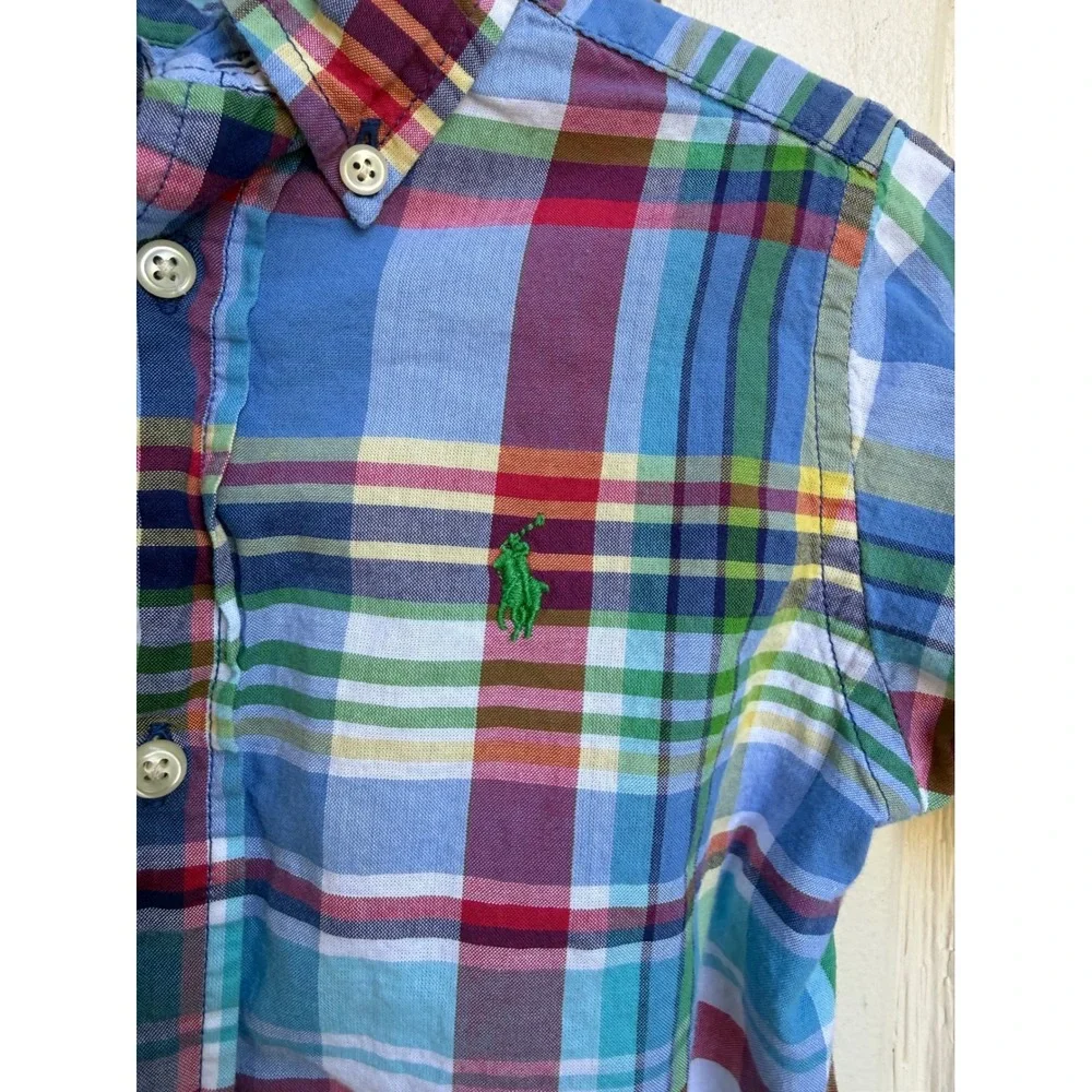 Ralph Lauren Boys Short Sleeve Plaid Button Down Shirt Blue Red Madras Size 3T